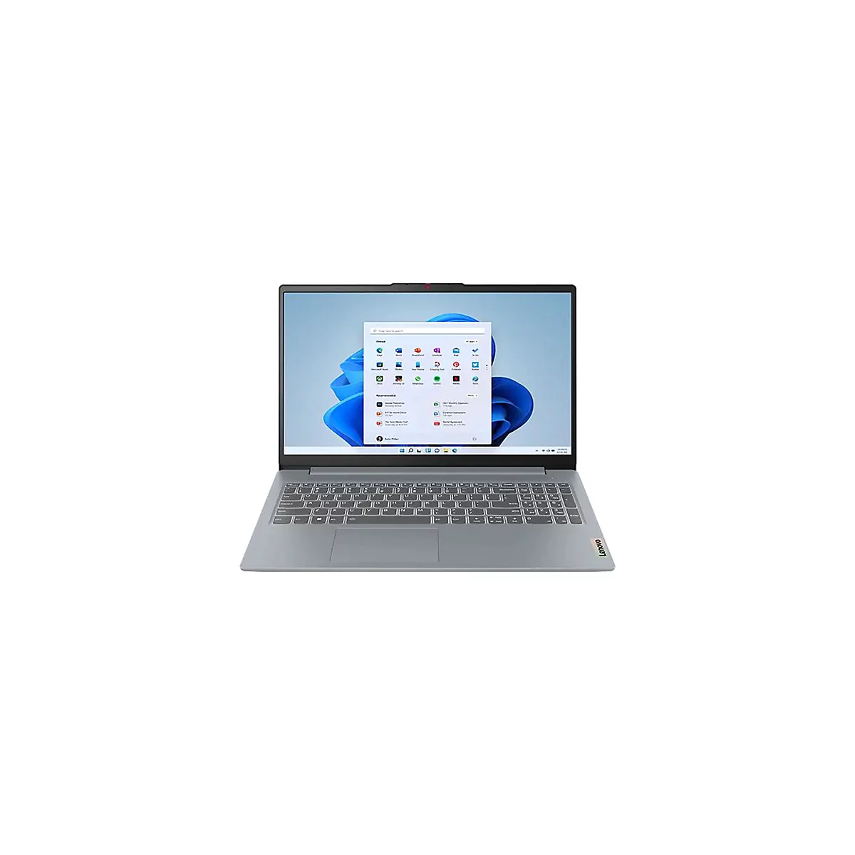Grauer Laptop mit Windows-Startmenü auf dem Bildschirm. Tastatur und Lenovo-Logo sind erkennbar.