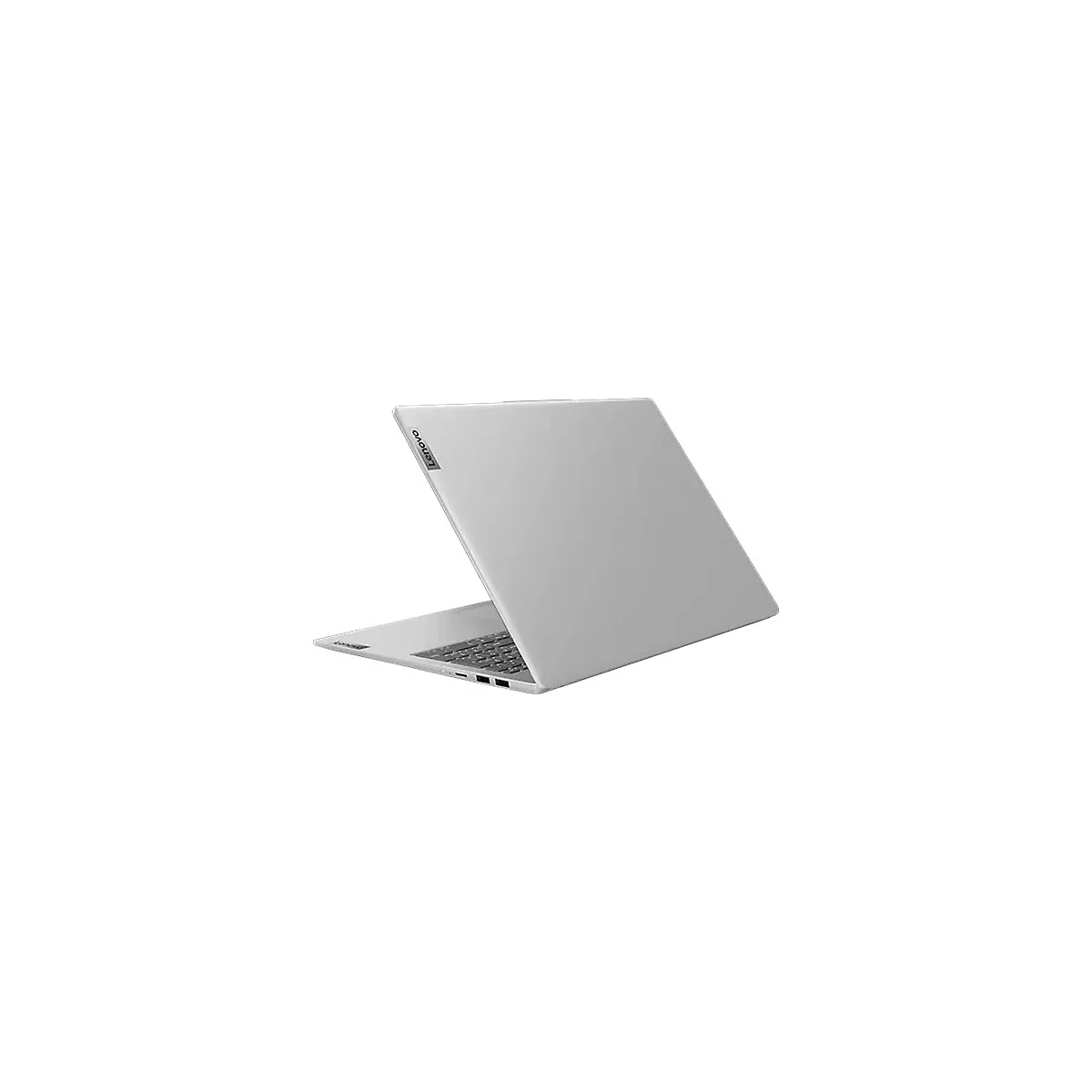 Grauer Laptop von Lenovo in leicht geöffneter Position auf weißem Hintergrund. Das Logo ist sichtbar.