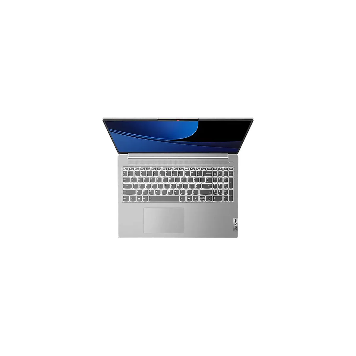 Grauer Laptop, von oben gesehen und geöffnet. Auf dem Bildschirm ist ein blauer Hintergrund zu sehen. Die Tastatur ist beleuchtet.