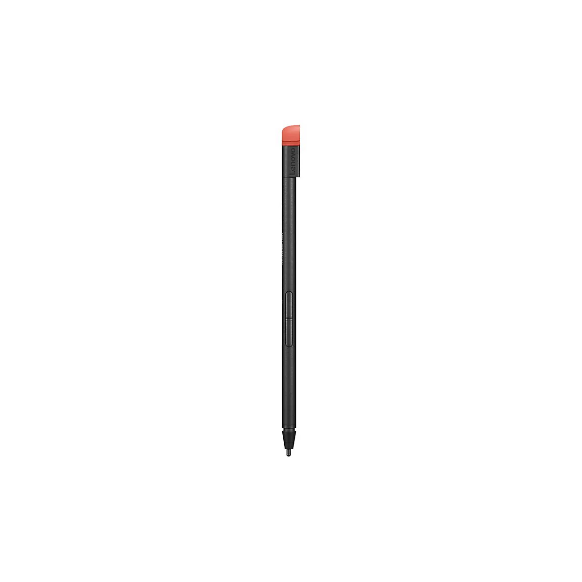 Schwarzer Stylus-Stift mit orangefarbener Kappe. Auf dem Stift steht "Lenovo". Zwei Knöpfe befinden sich auf der Seite.