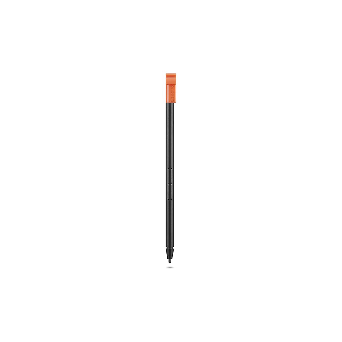 Schwarzer Stylus mit orangefarbener Kappe. Auf dem Stylus befindet sich ein Knopf und der Schriftzug "Lenovo".