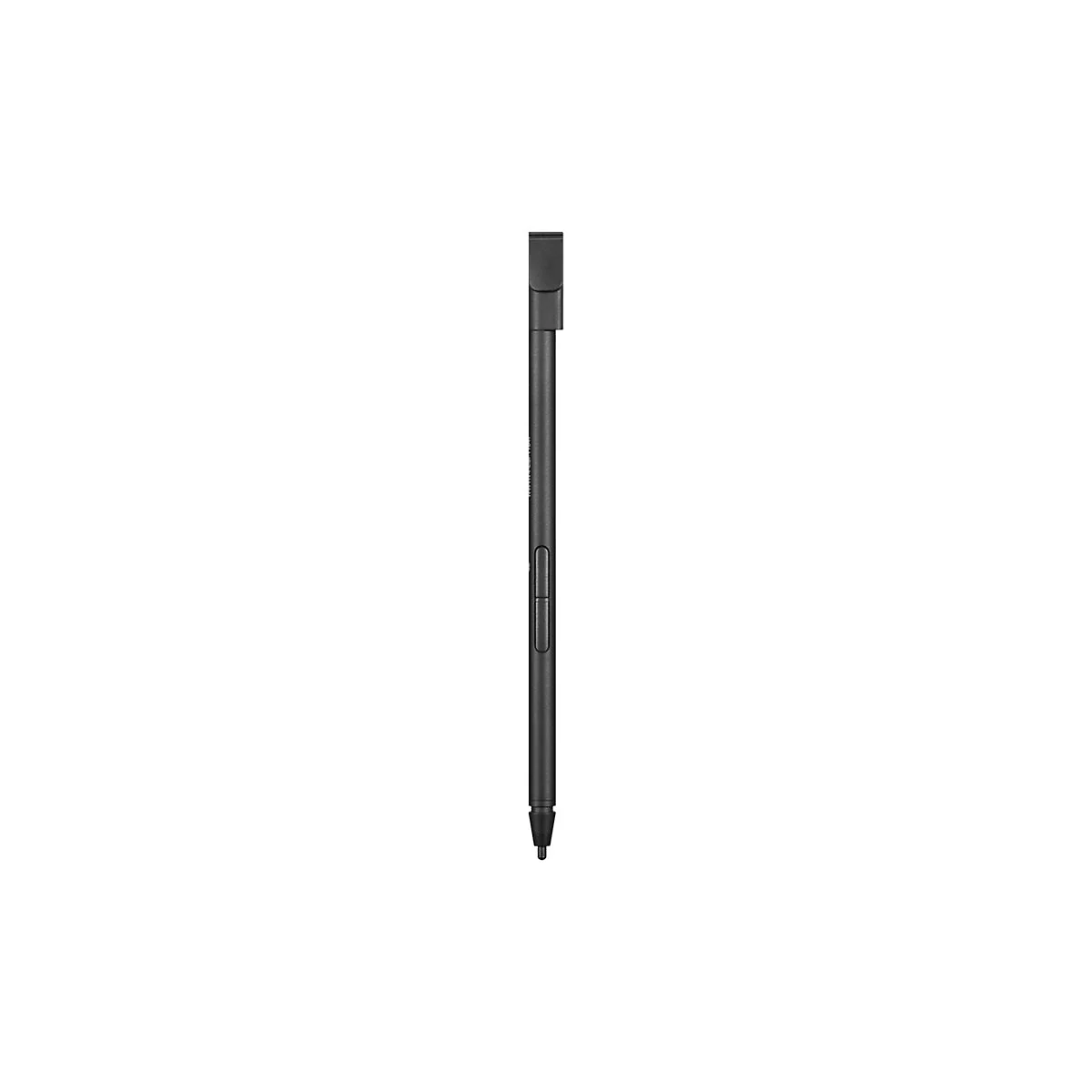 Schwarzer Eingabestift, Detailansicht. Schlank, mit Seitentaste.