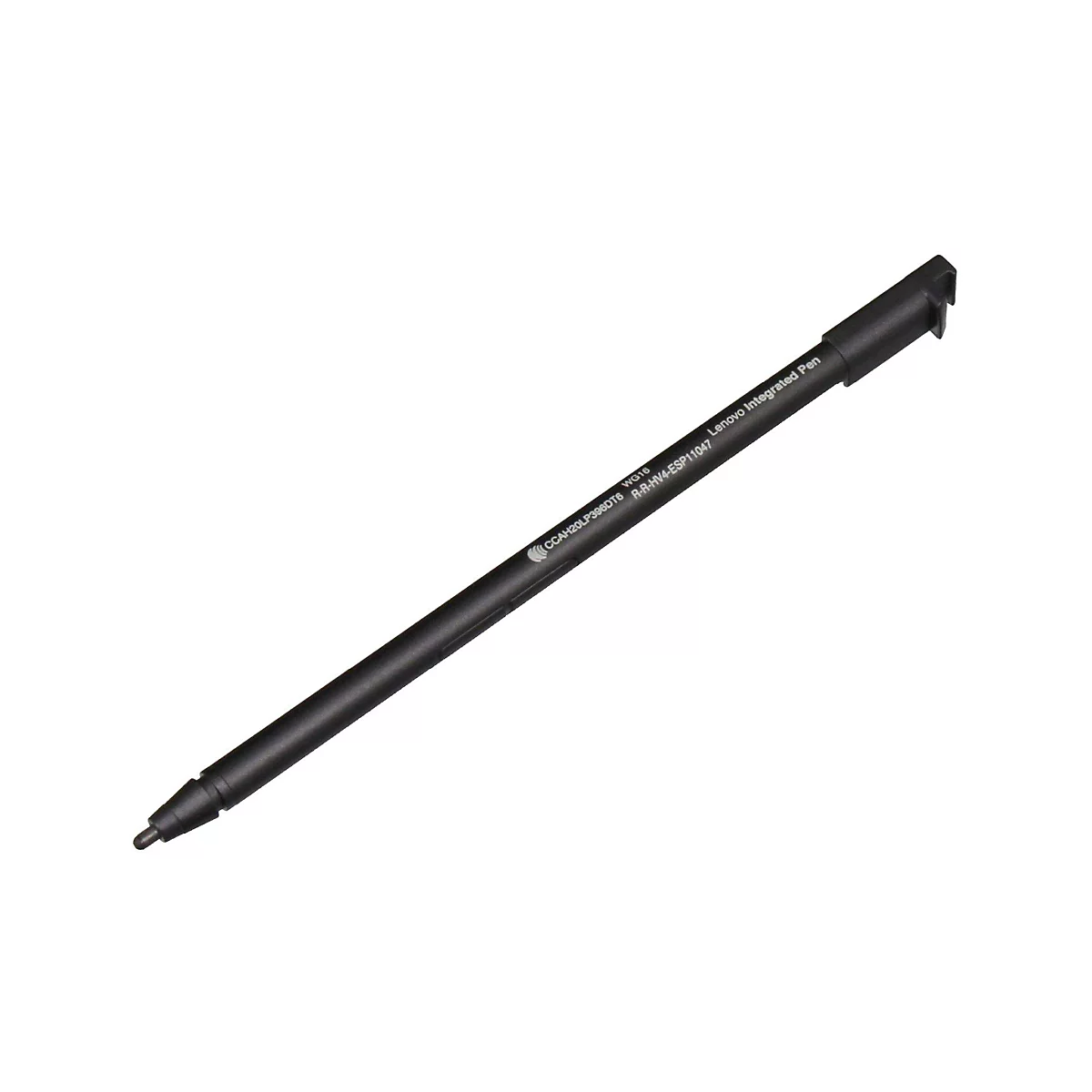 Schwarzer Lenovo Integrated Pen, auf weißem Hintergrund, schräg von oben.
