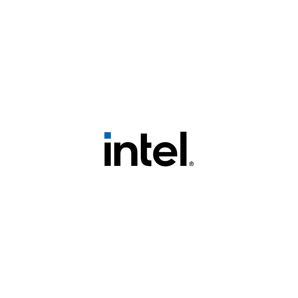 Intel Logo. Schwarzer Schriftzug auf weißem Hintergrund, blaues Quadrat über dem 'i'.