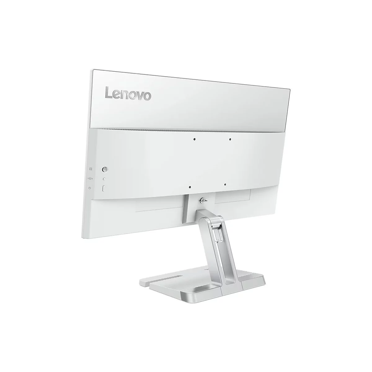 Rückseite eines weißen Lenovo Monitors auf einem Standfuß vor weißem Hintergrund.