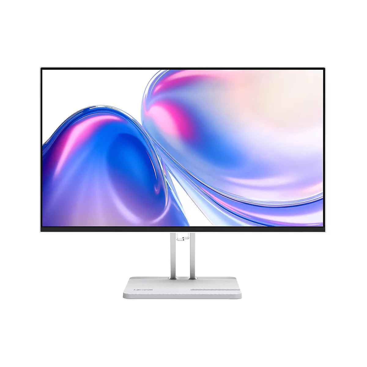 Moderner Lenovo Monitor in Weiß mit schlankem Rahmen und abstraktem, farbenfrohem Bildschirmhintergrund.