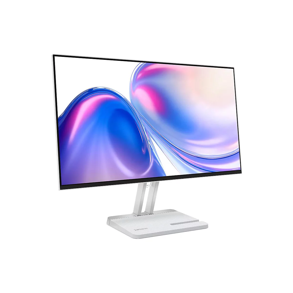 Moderner, weißer PC-Monitor mit dünnem Rahmen auf einem minimalistischen Standfuß vor weißem Hintergrund.