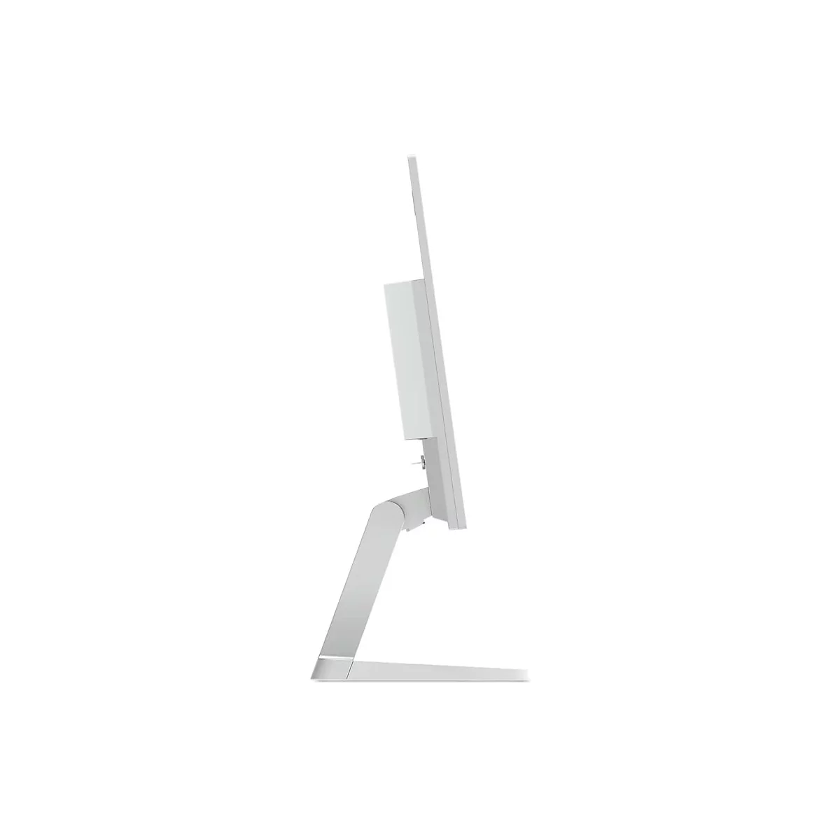 Seitliche Ansicht eines weißen Monitors auf einem schlichten Standfuß vor weißem Hintergrund.
