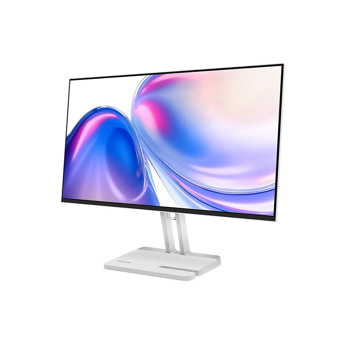 Moderner, weißer PC-Monitor mit abstraktem, farbenfrohem Hintergrund auf einem filigranen Standfuß vor weißem Hintergrund.