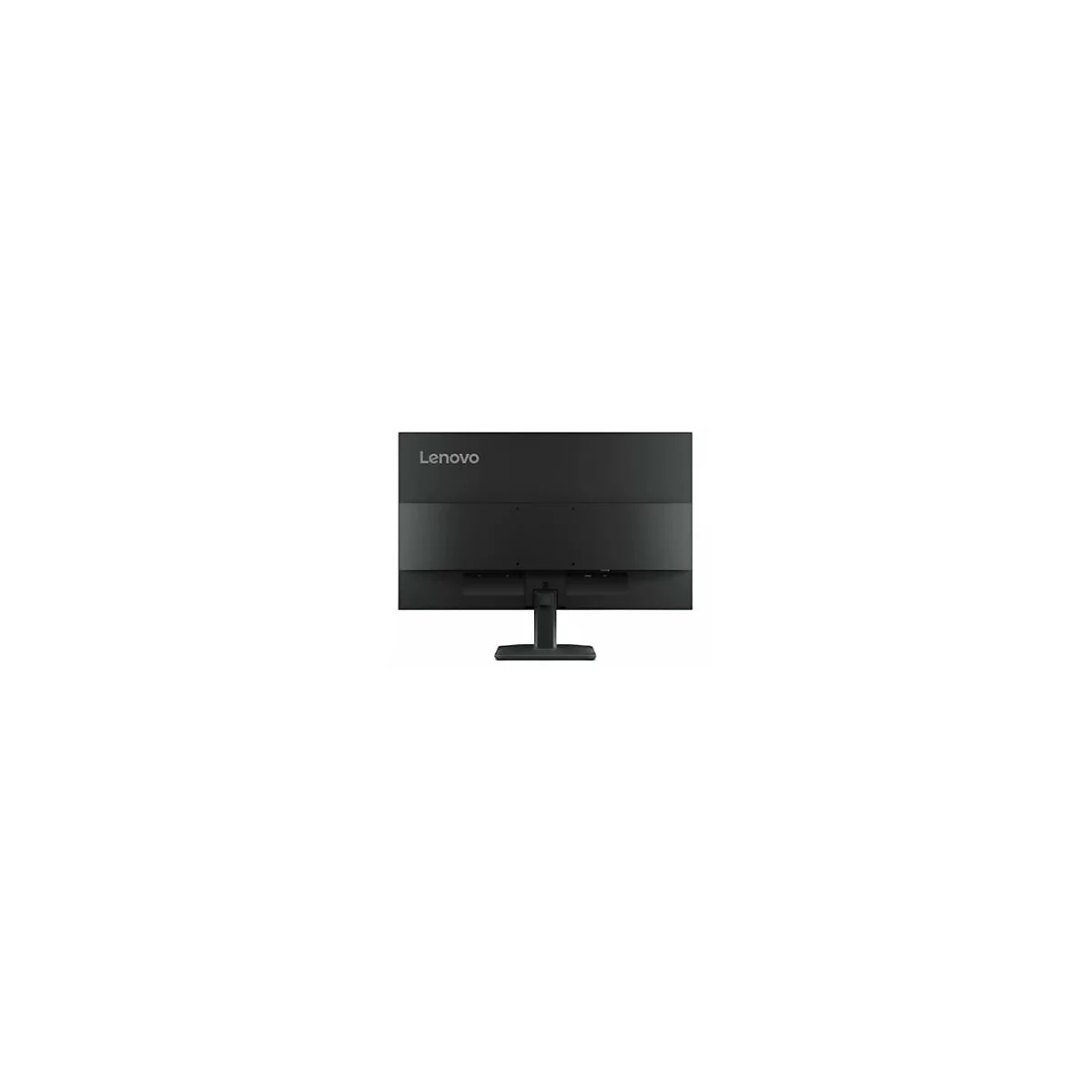 Rückseite eines schwarzen Lenovo-Monitors auf einem Standfuß vor weißem Hintergrund.