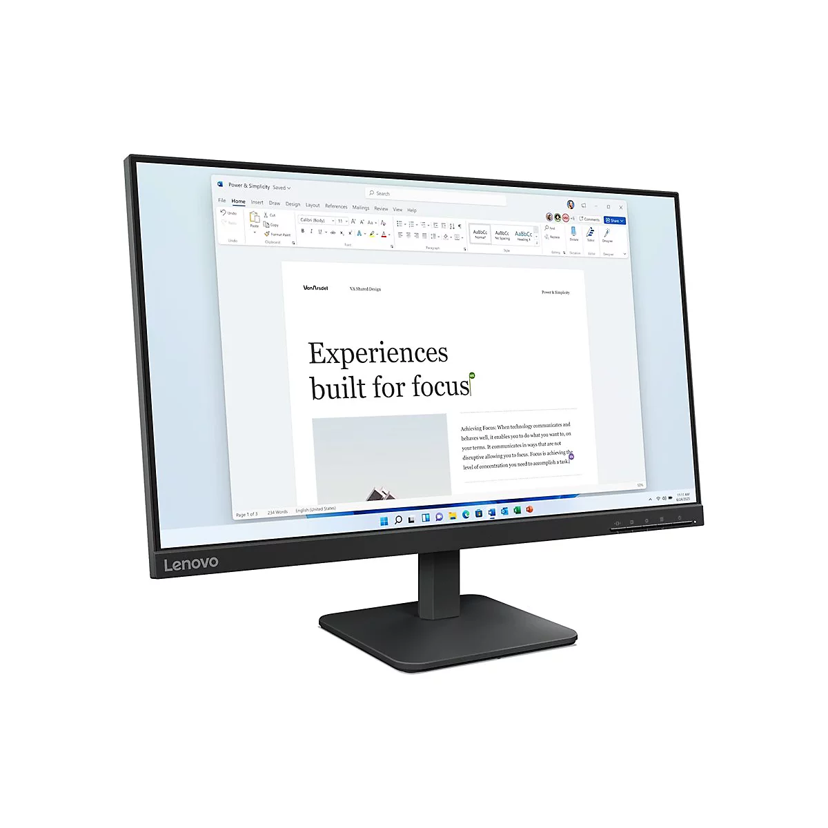 Lenovo Monitor mit schmalem Rahmen, der ein Microsoft Word Dokument mit der Überschrift 'Experiences built for focus' anzeigt.