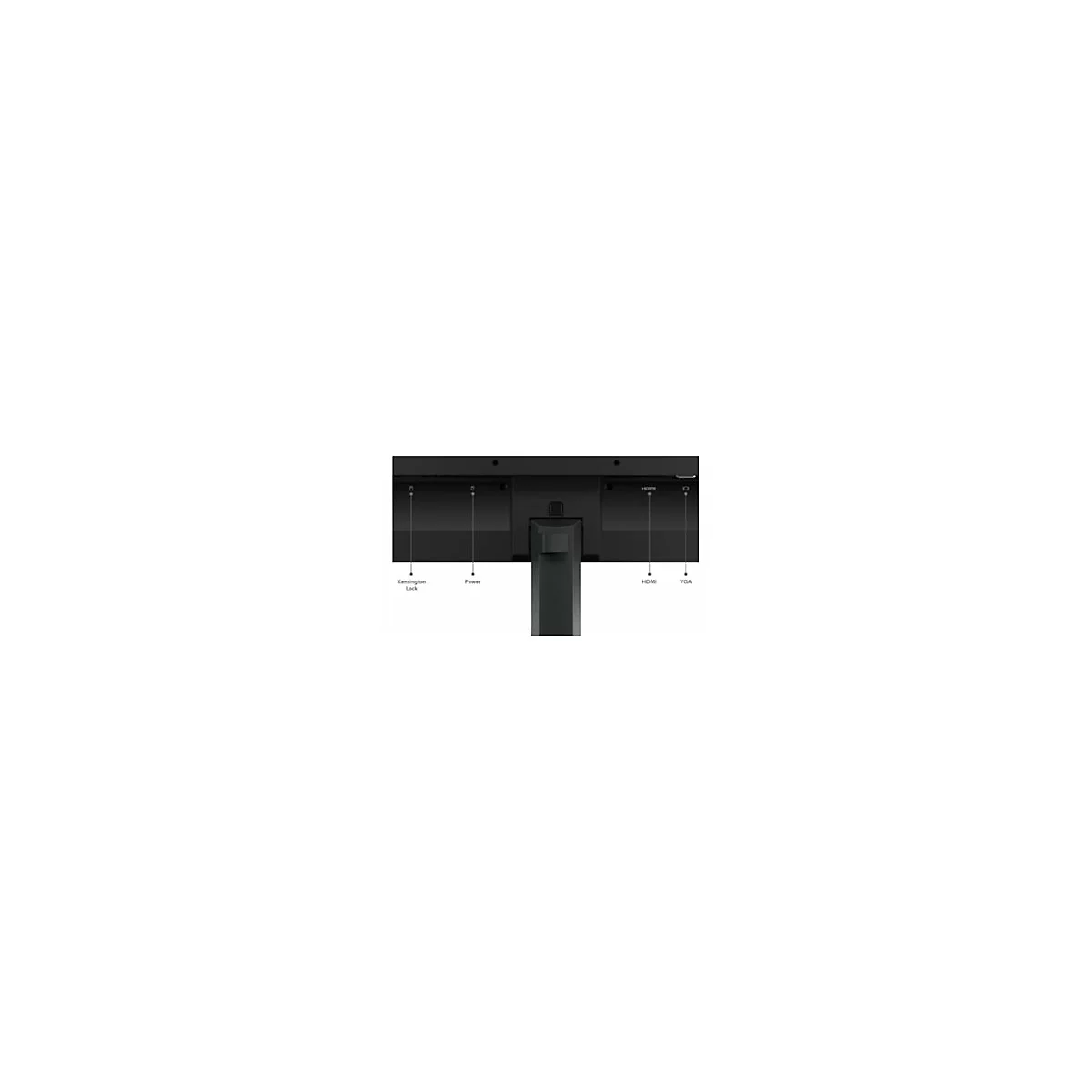 Rückseite eines Monitors mit Anschlüssen für Kensington-Schloss, Strom, HDMI und VGA.