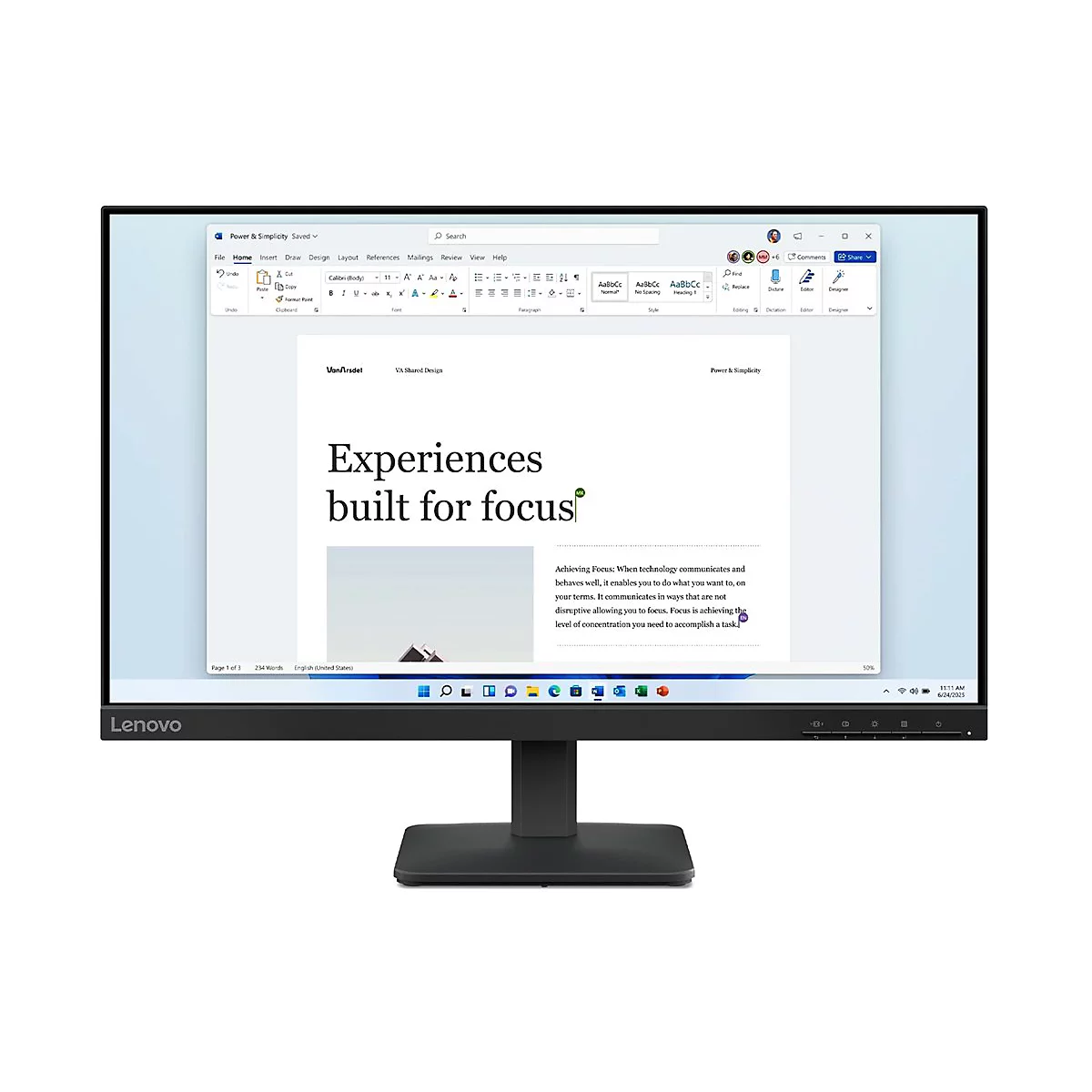 Schwarzer Lenovo-Monitor vor weißem Hintergrund mit geöffnetem Microsoft Word-Dokument.