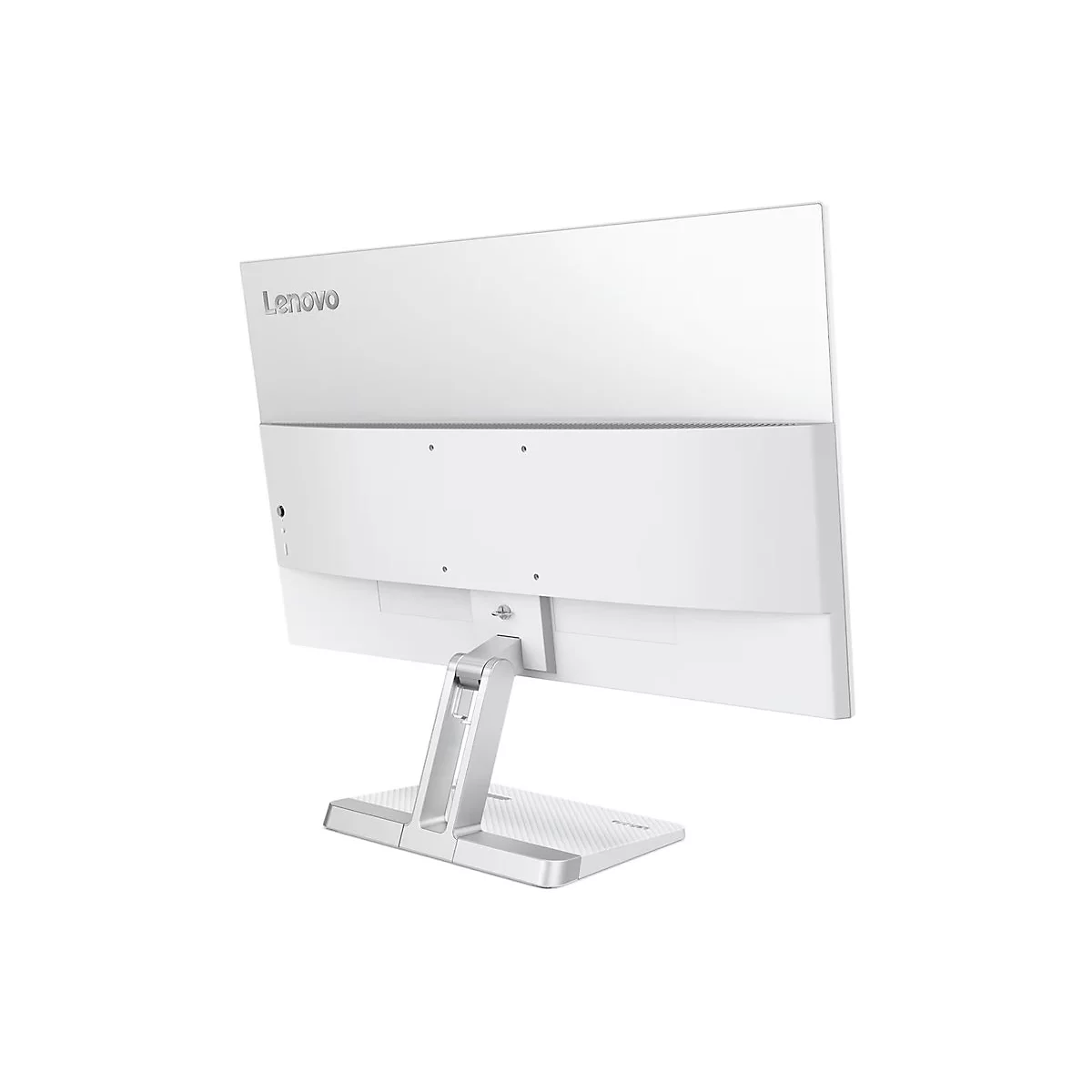 Rückansicht eines weißen Lenovo Monitors auf einem silbernen Standfuß vor weißem Hintergrund.