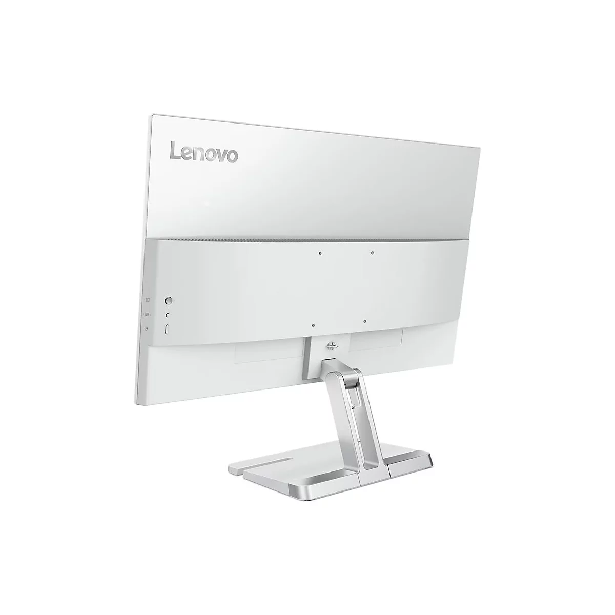 Rückansicht eines weißen Lenovo Monitors mit Standfuß vor weißem Hintergrund.