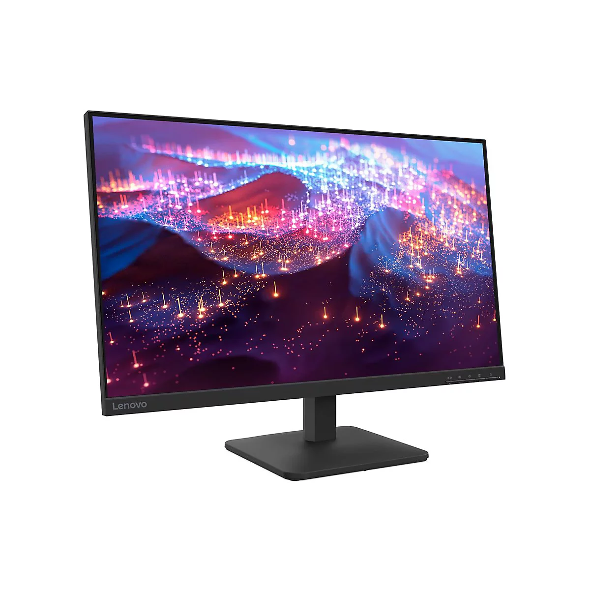 Schwarzer Lenovo Monitor mit dünnen Rändern und abstraktem, bunt leuchtendem Bildschirmhintergrund vor weißem Hintergrund.