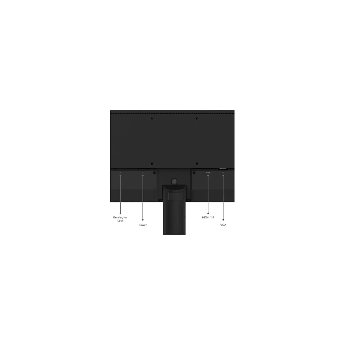 Rückseite eines schwarzen Monitors mit markierten Anschlüssen für Kensington Lock, Strom, HDMI 1.4 und VGA.