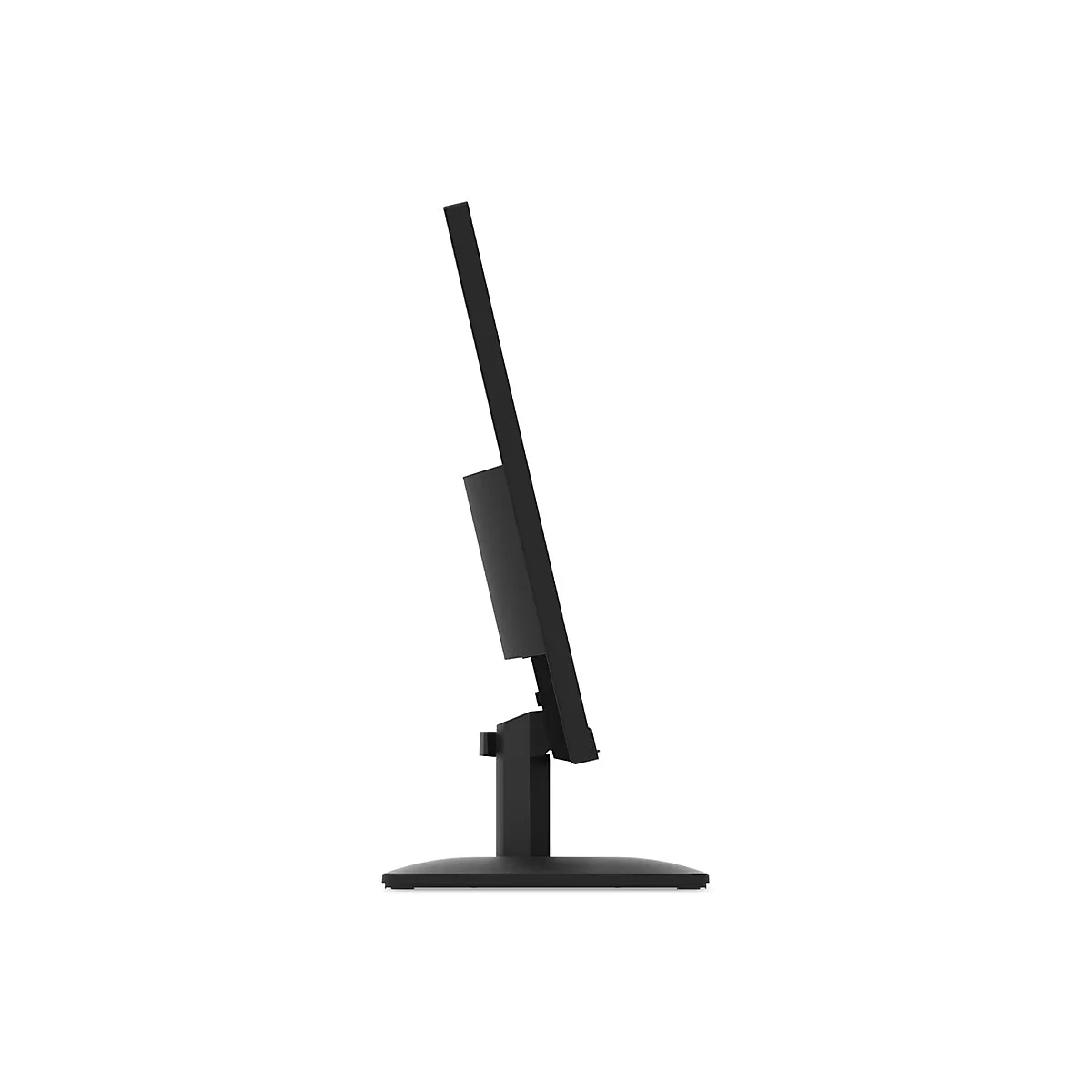 Seitliche Ansicht eines schmalen schwarzen Monitors auf einem flachen Standfuß vor weißem Hintergrund.