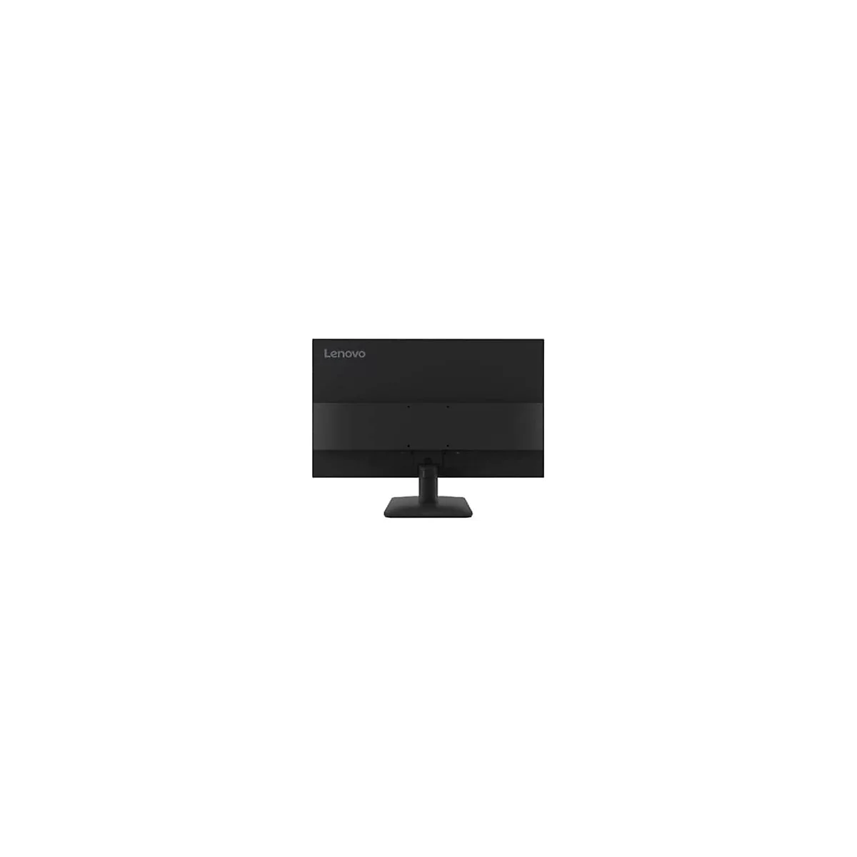 Rückseite eines schwarzen Lenovo-Monitors mit Standfuß auf neutralem, weißem Hintergrund.