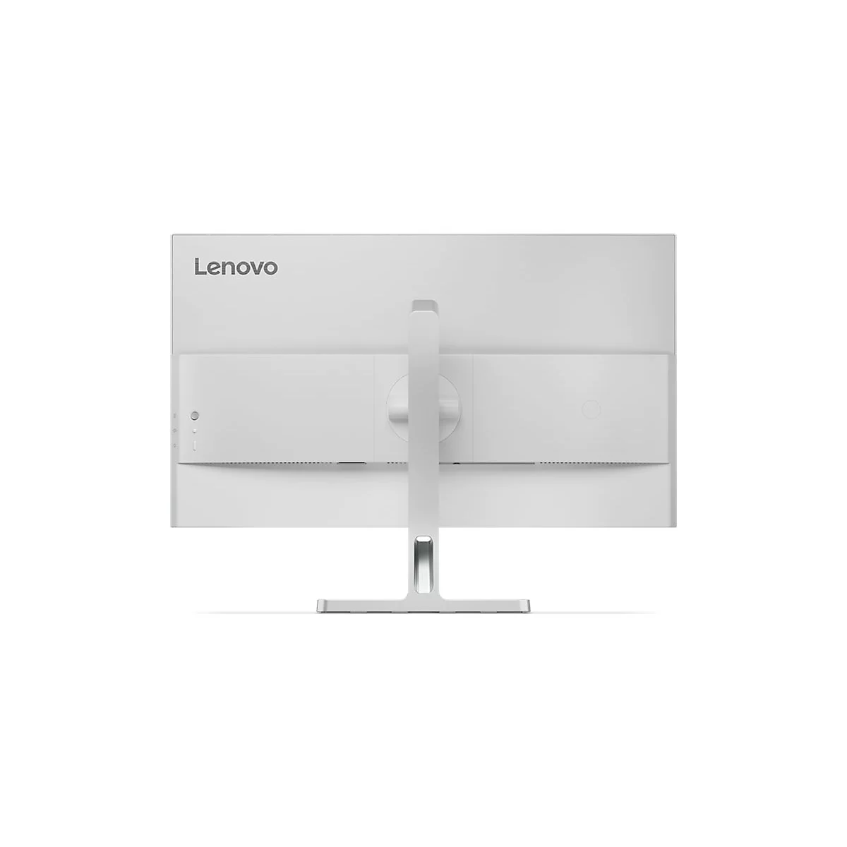 Rückseite eines weißen Lenovo Monitors mit Standfuß auf hellem Hintergrund.