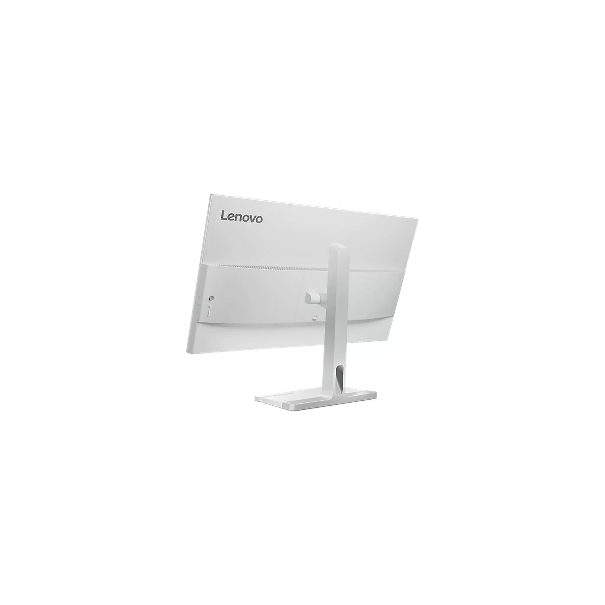 Die Rückansicht eines weißen Lenovo Monitors mit Standfuß auf weißem Hintergrund.