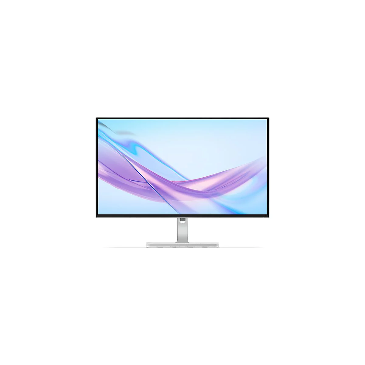Moderner Computerbildschirm mit schmalem Rahmen und hellblau-lila geschwungenem Hintergrundbild auf einem silbernen Standfuß.