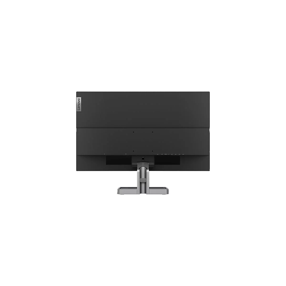 Rückansicht eines schwarzen Lenovo Monitors mit silbernem Standfuß vor weißem Hintergrund.