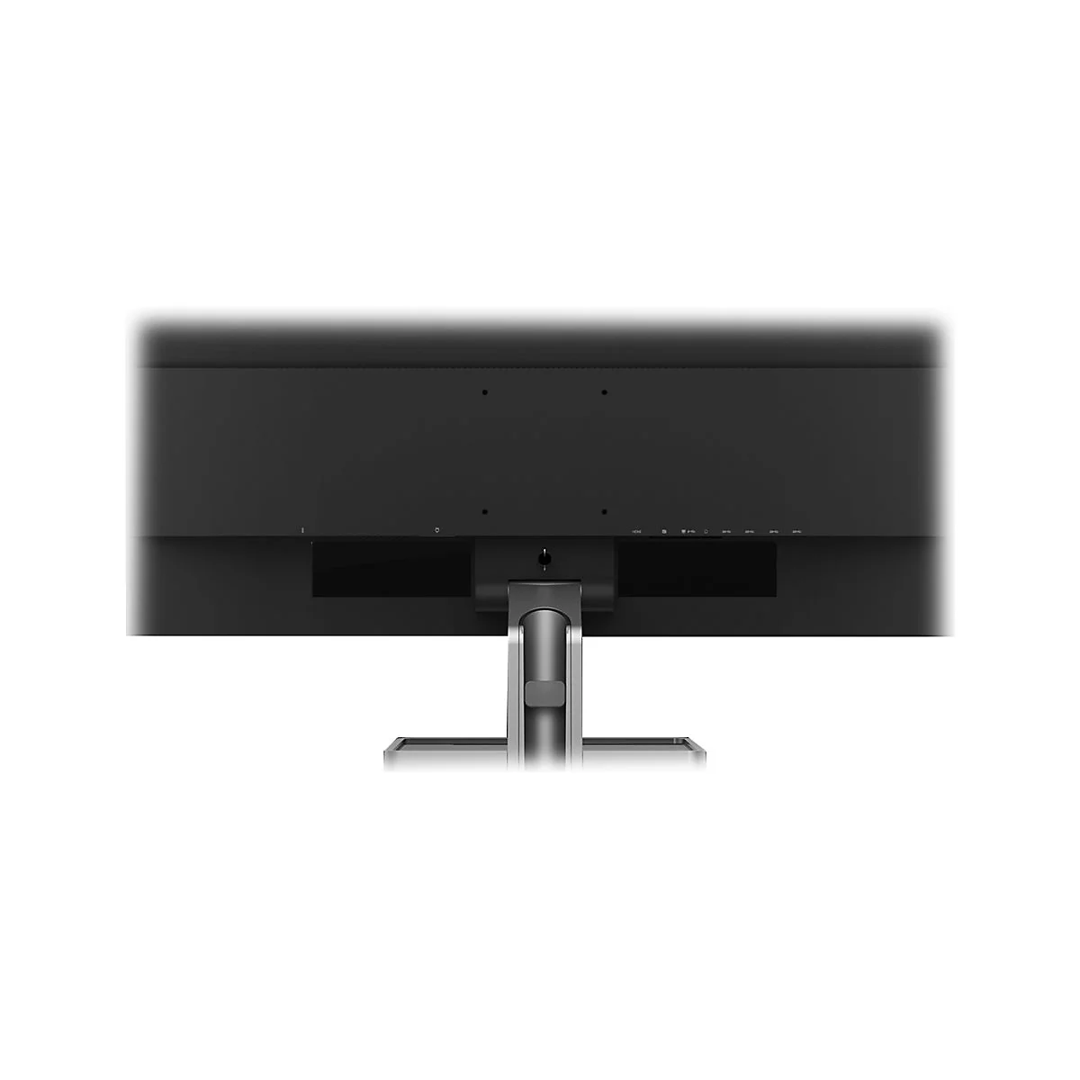 Rückseite eines schwarzen Computerbildschirms mit einem silbernen Standfuß auf weißem Hintergrund.