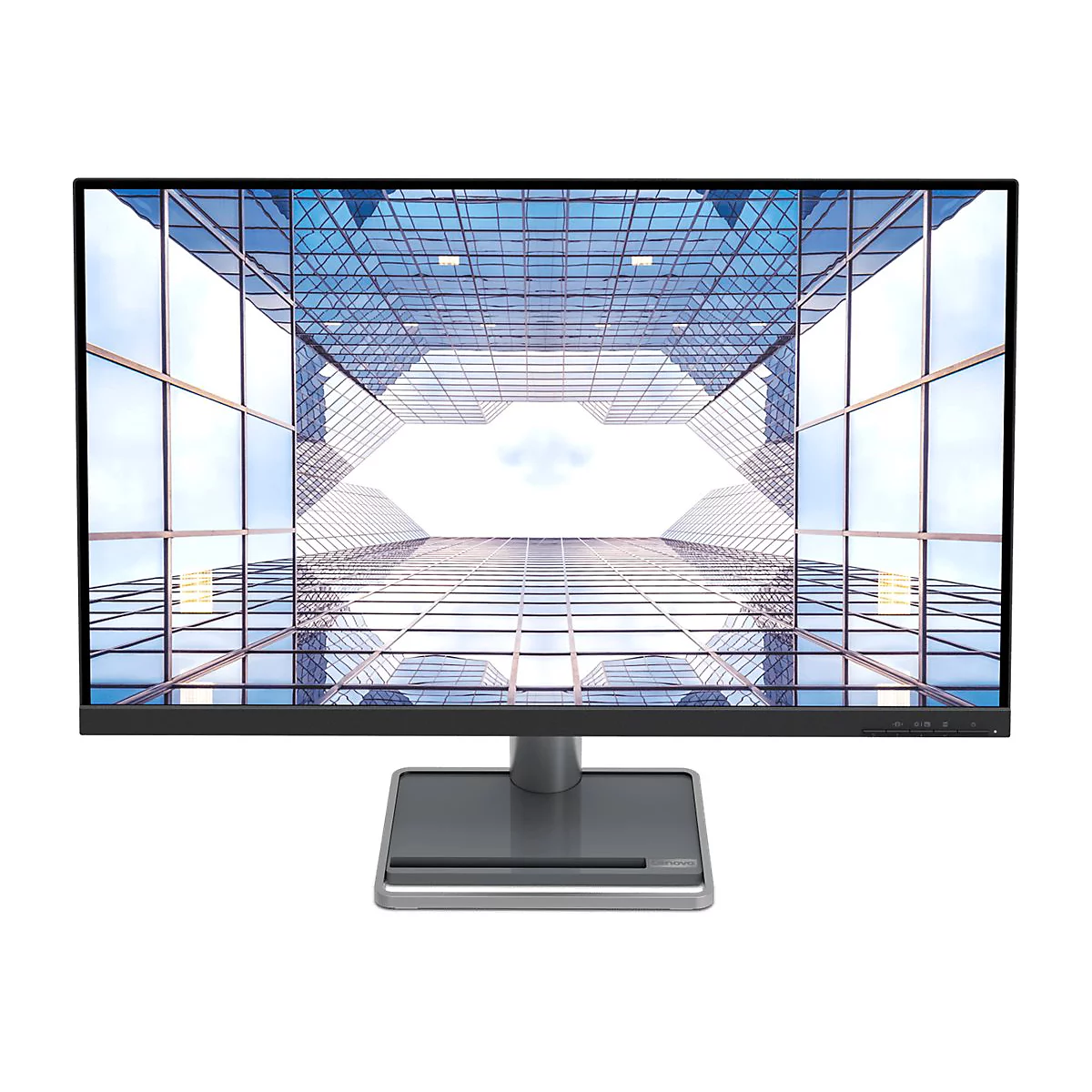Lenovo Computermonitor mit schmalem Rand vor weißem Hintergrund.