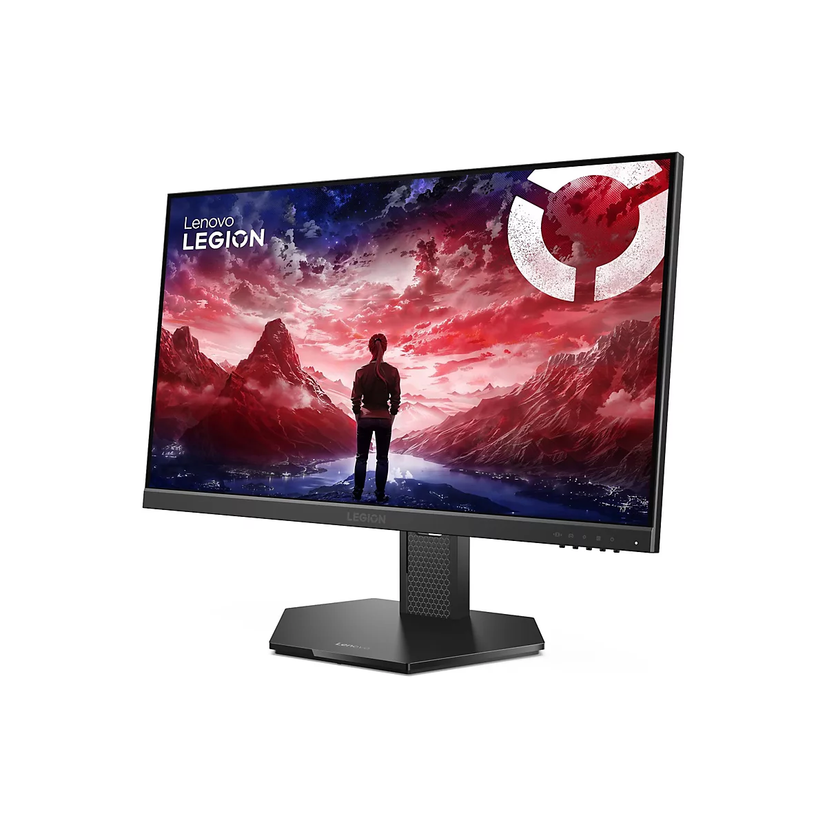 Lenovo Legion Gaming-Monitor vor weißem Hintergrund mit Berglandschaft auf dem Display.