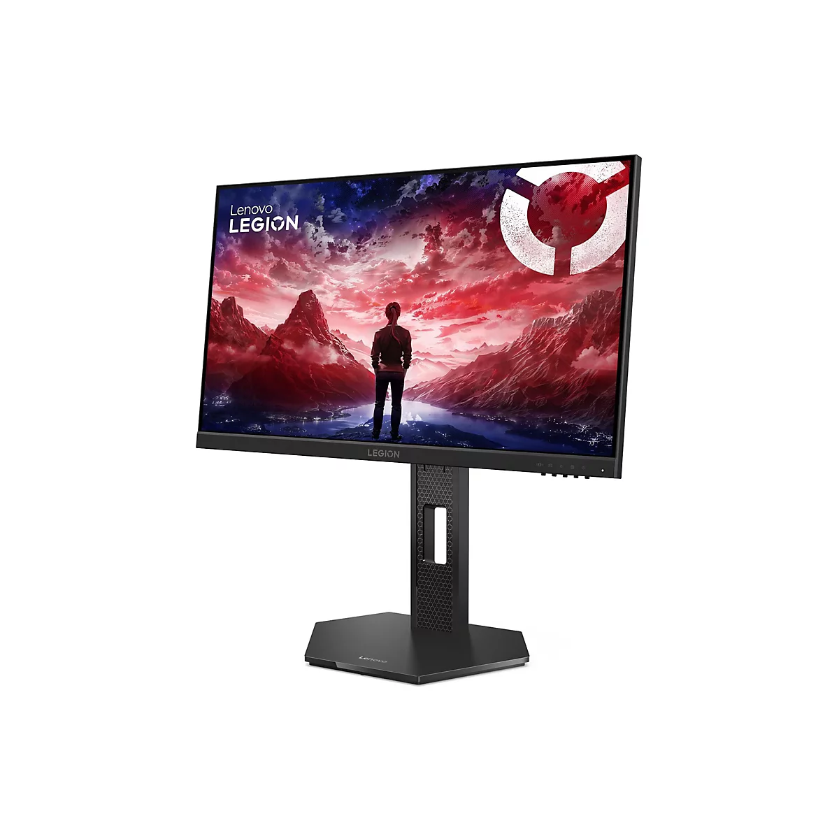 Lenovo Legion Gaming-Monitor vor weißem Hintergrund mit einem Bild einer Person vor einer dramatischen Berglandschaft.