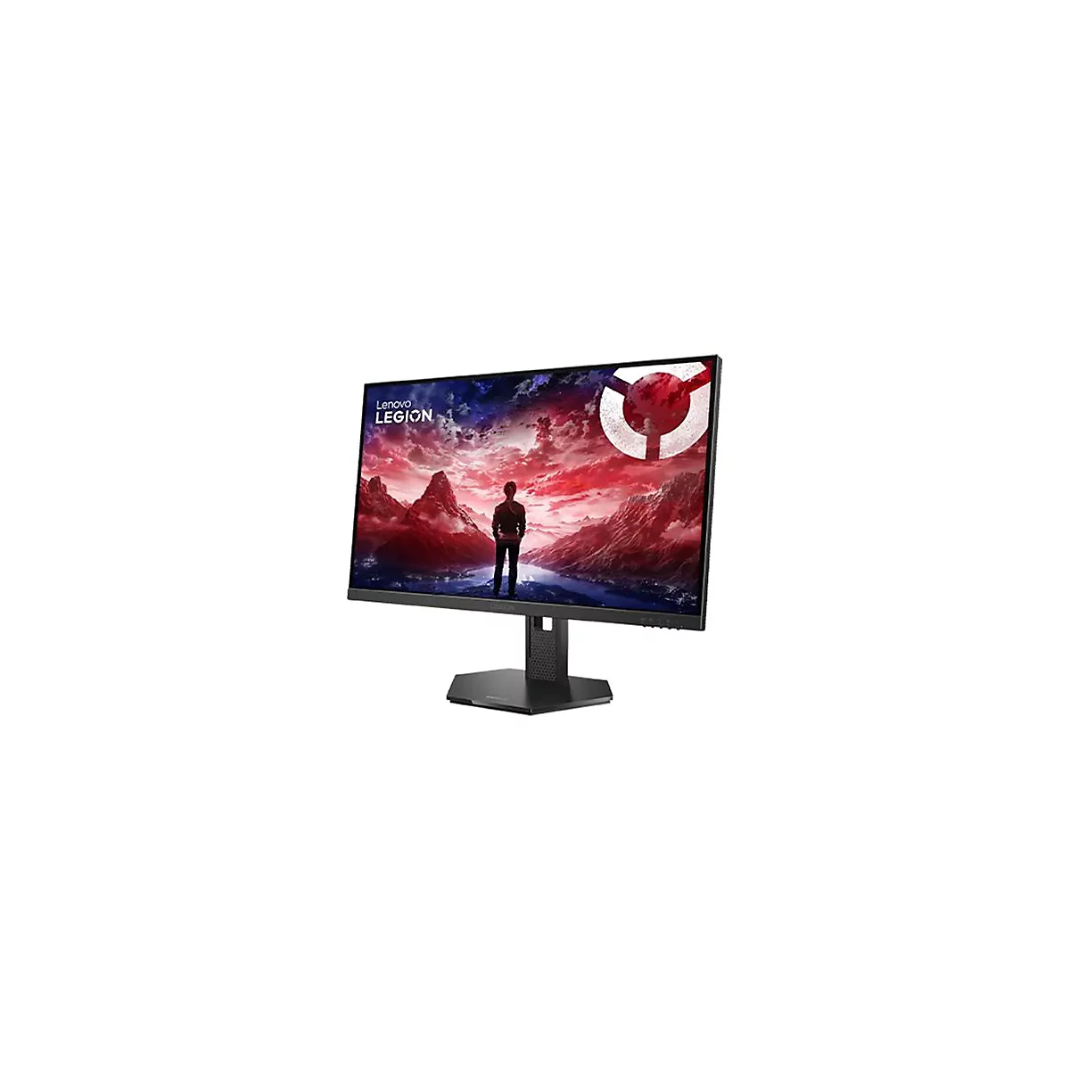 Schwarzer Lenovo Legion Gaming-Monitor vor weißem Hintergrund mit farbenfrohem Landschafts-Hintergrundbild.