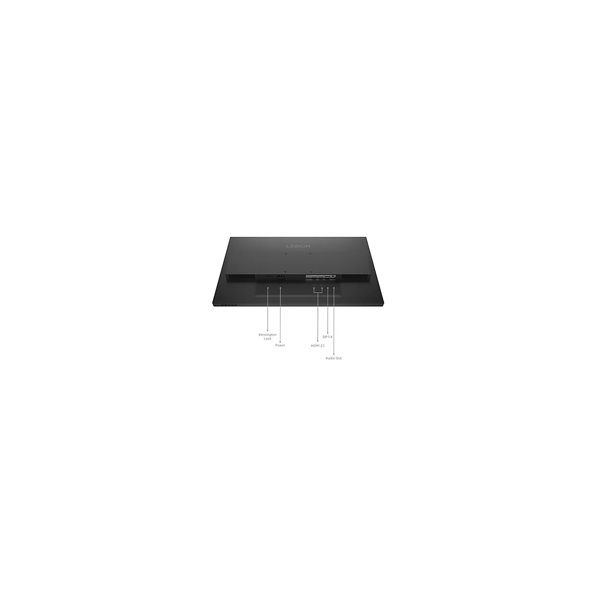 Rückseite eines Lenovo Legion Monitors mit beschrifteten Anschlüssen wie Power, HDMI 2.1, DP 1.4 und Kensington Lock.