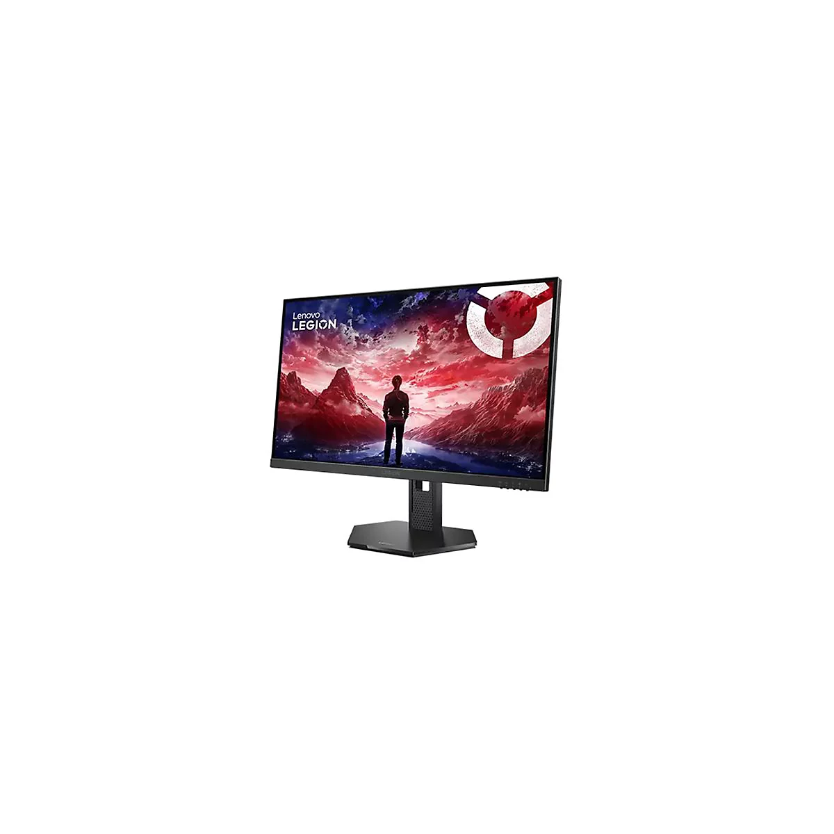 Schwarzer Lenovo Legion Gaming-Monitor vor weißem Hintergrund mit einem dramatischen, rot getönten Landschaftsbild.