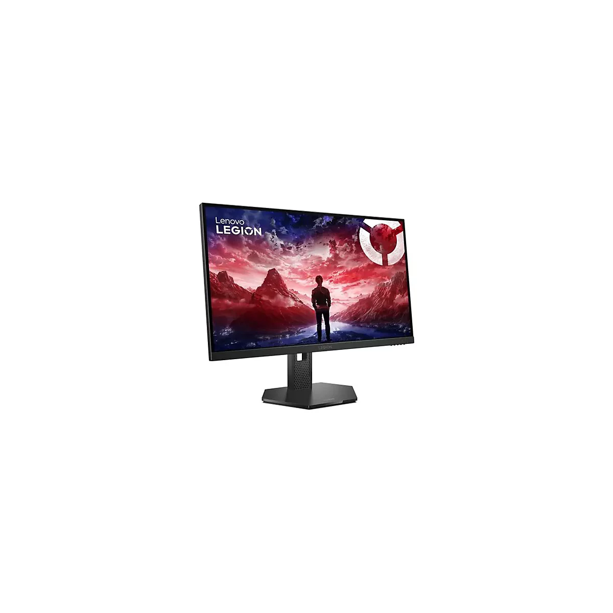 Lenovo Legion Gaming-Monitor vor weißem Hintergrund mit leuchtendem Spiellandschaft-Hintergrundbild.