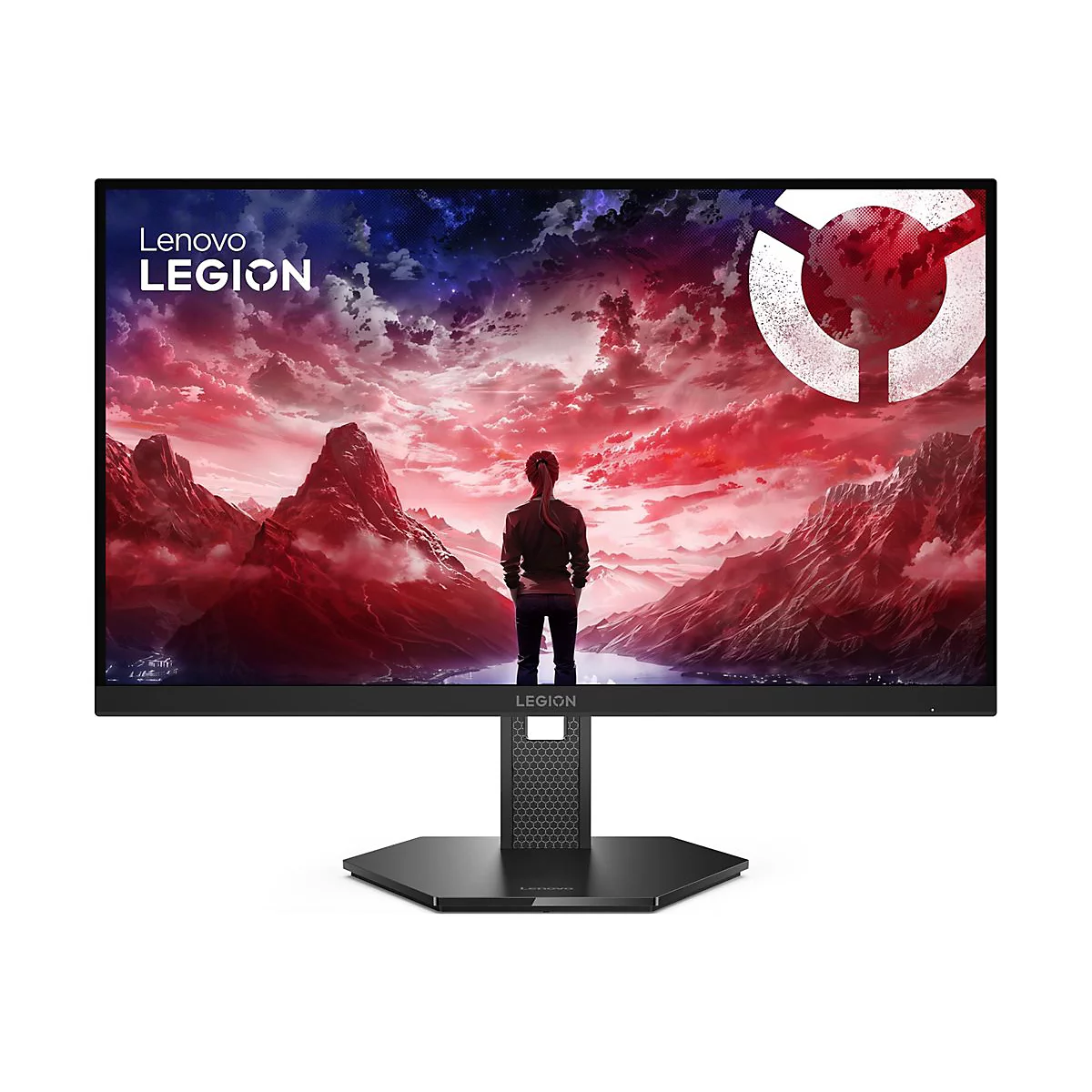 Lenovo Legion Gaming-Monitor vor weißem Hintergrund mit roter Berglandschaft auf dem Display.