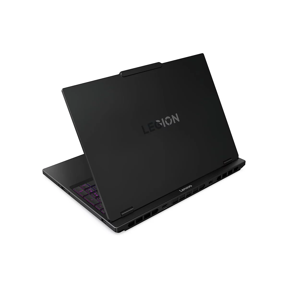 Schwarzes Laptop mit dem Wort 'LEGION' auf dem Deckel. Tastatur beleuchtet. Herstellerlogo Lenovo unten.
