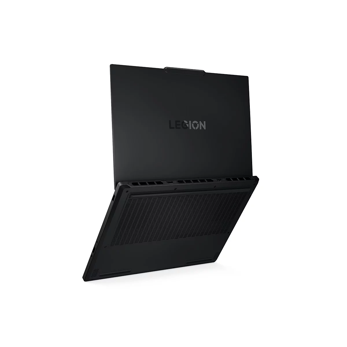 Schwarzes Lenovo Legion Laptop, leicht von oben gesehen. Das Gehäuse ist offen, das Legion-Logo ist gut sichtbar.