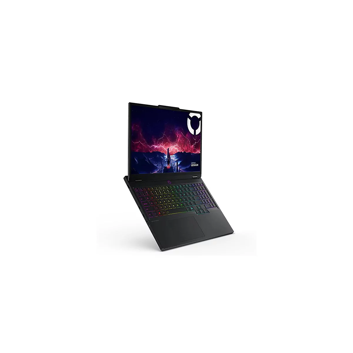 Schwarzes Laptop mit beleuchteter Tastatur. Bildschirm zeigt Landschaft. Logo und Schriftzug Lenovo Legion.