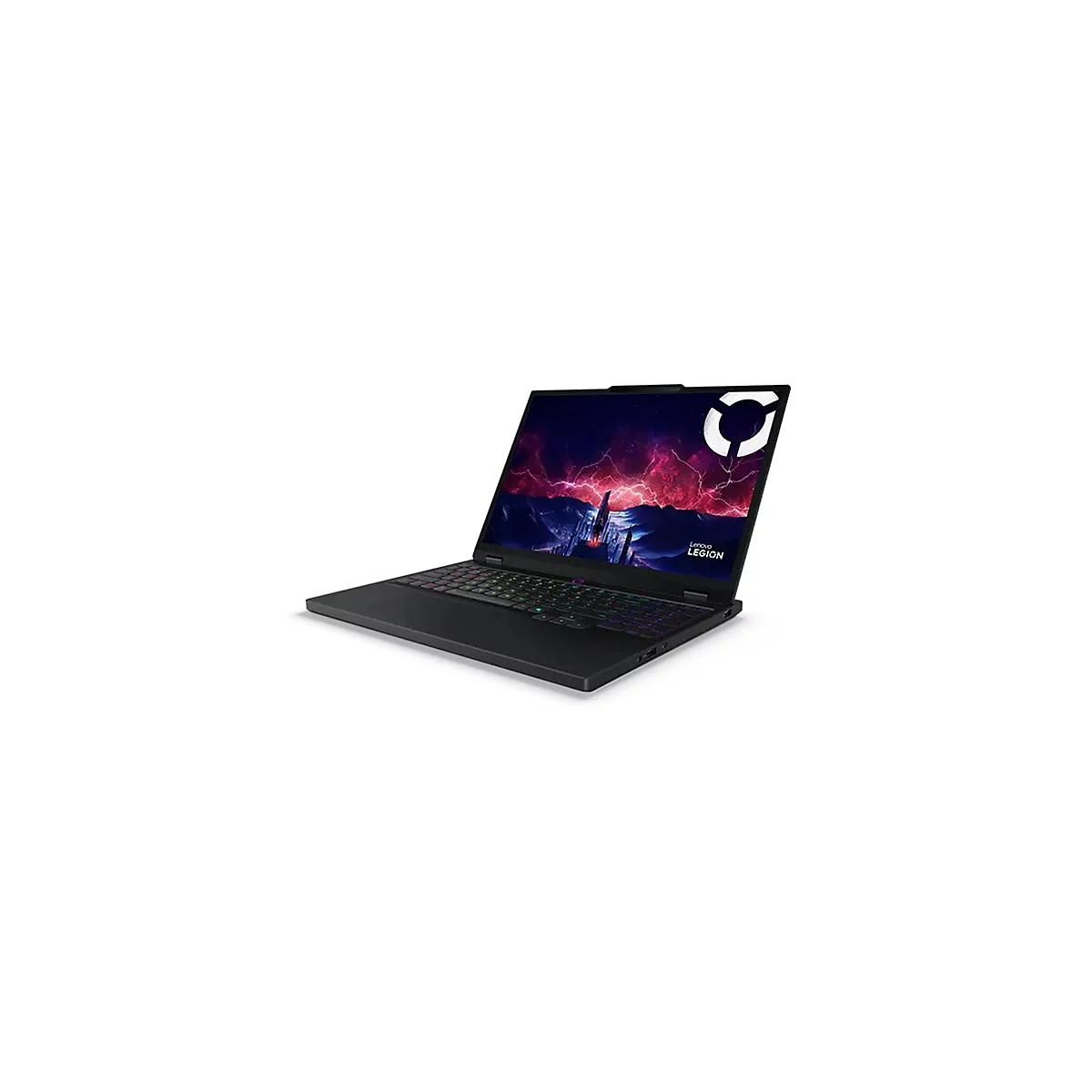 Schwarzes Lenovo Legion Gaming Notebook mit farbig beleuchteter Tastatur und Logo auf dem Display.