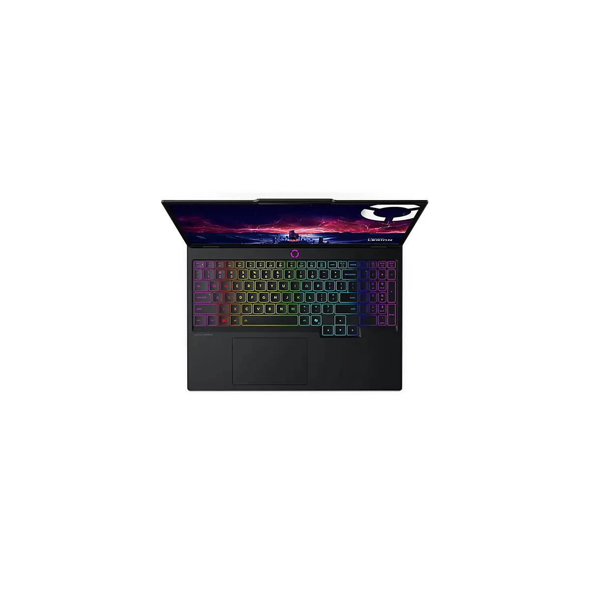 Draufsicht auf einen schwarzen Laptop mit farbig beleuchteter Tastatur. Der Bildschirm zeigt einen dunklen, farbenfrohen Hintergrund.