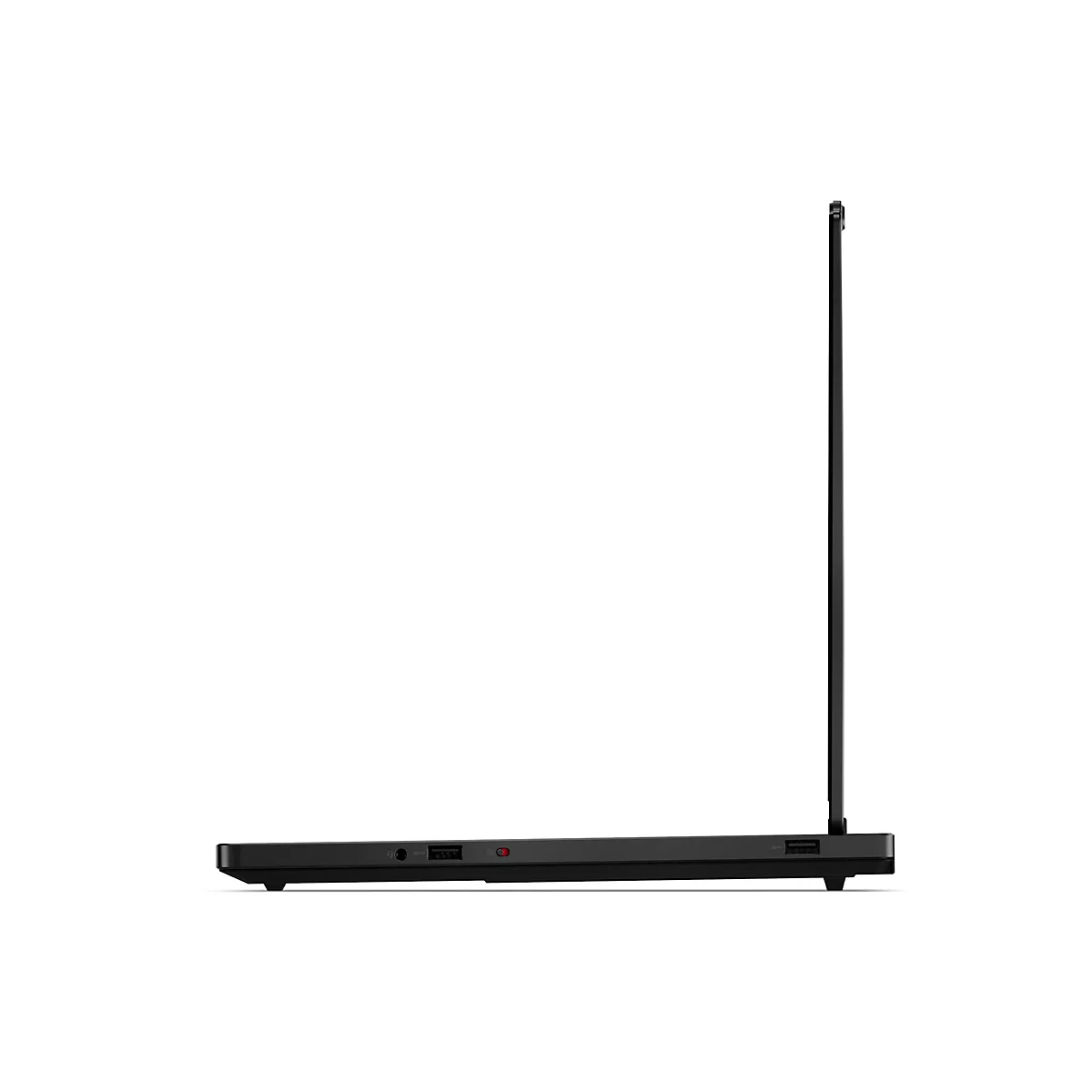 Draufsicht auf einen schwarzen Laptop, der leicht geöffnet ist. Die linke Seite zeigt Anschlüsse und einen Ein-/Ausschalter, die rechte Seite USB-Anschlüsse.