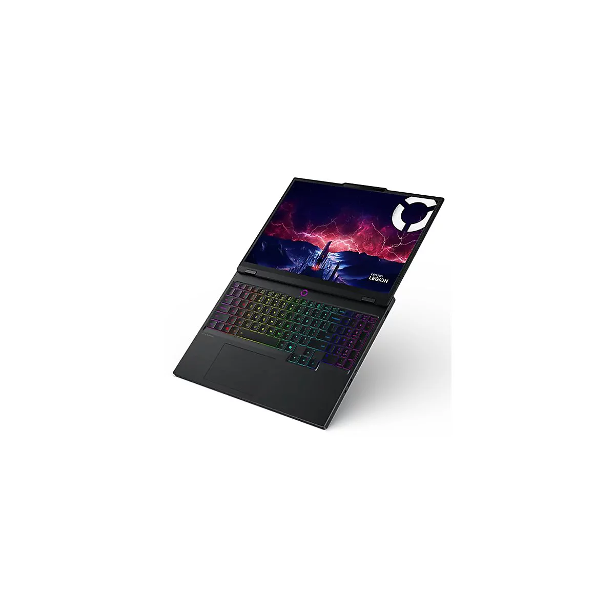 Schwarzer Laptop, Bildschirm mit Logo und Regenbogen-Tastaturbeleuchtung. Lenovo Legion Logo.