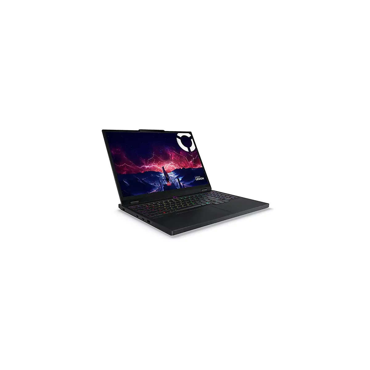 Schwarzer Lenovo Legion Laptop, geöffnet. Auf dem Bildschirm ein Gaming-Design. Tastatur mit RGB Beleuchtung.