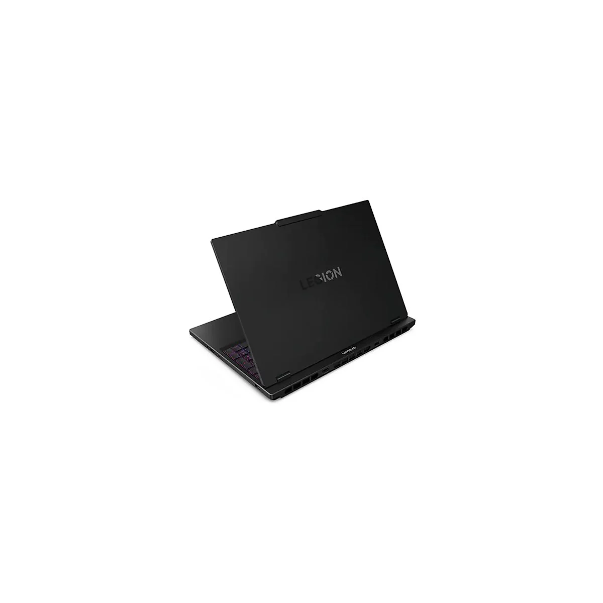 Schwarzer Laptop mit geöffnetem Deckel, Legion-Logo und Lenovo-Schriftzug. Die Tastatur leuchtet leicht violett.