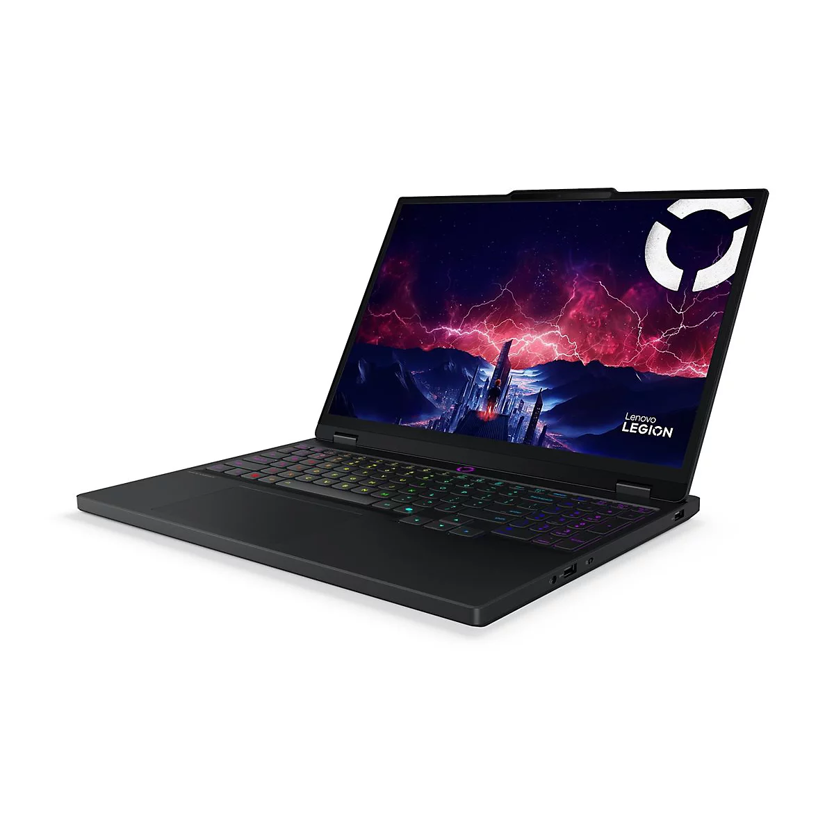 Schwarzer Laptop mit farbiger Tastatur, offen auf weißem Hintergrund. Auf dem Bildschirm das Logo von Lenovo Legion.