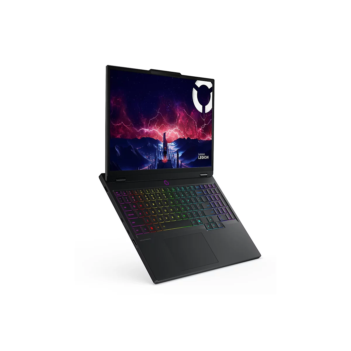 Schwarzer Laptop im geöffneten Zustand, Tastatur mit farbiger Hintergrundbeleuchtung. Auf dem Bildschirm ist ein Logo mit Schriftzug Lenovo Legion zu sehen.
