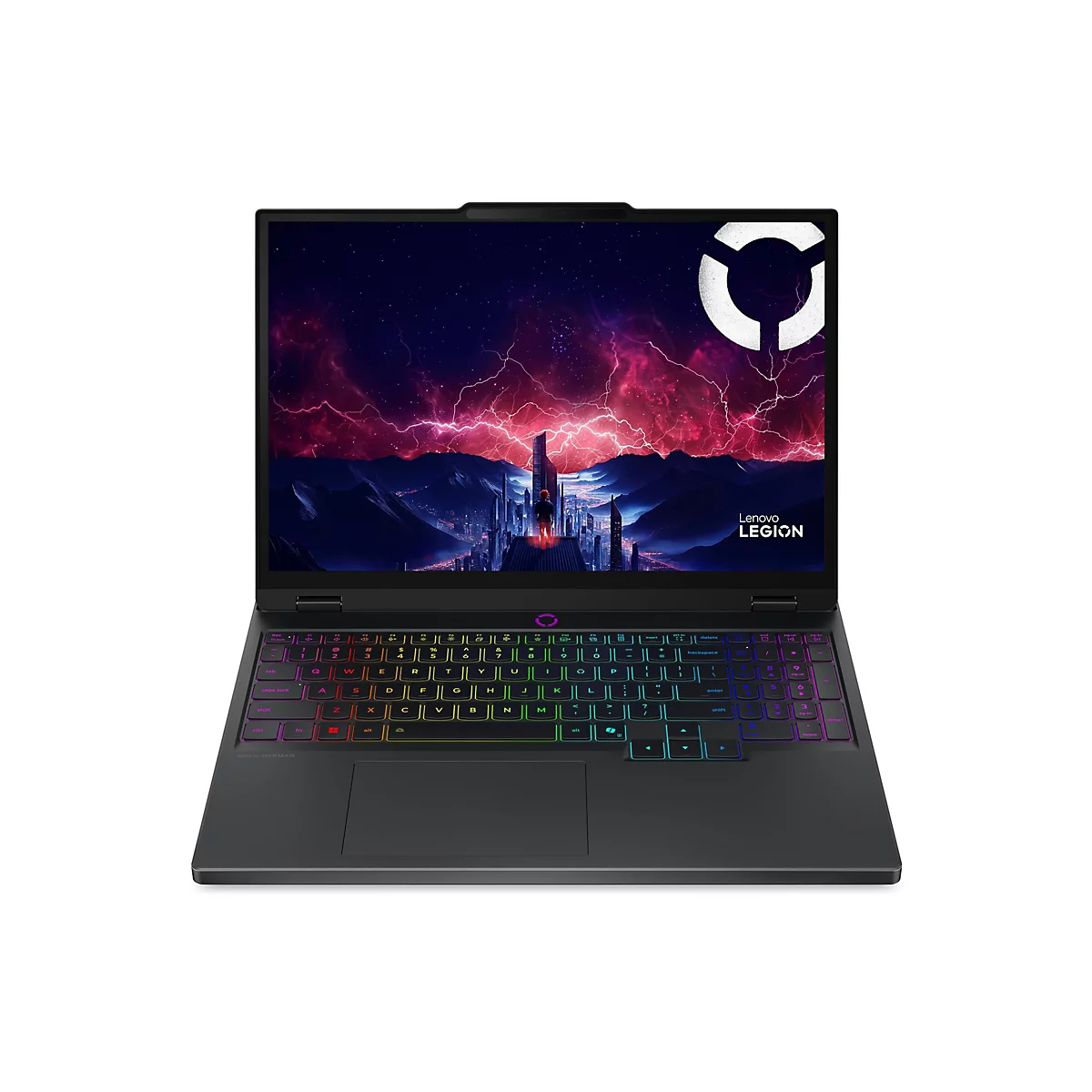 Ein schwarzer Laptop mit beleuchteter Tastatur. Auf dem Bildschirm ein düsteres Fantasymotiv mit Gewitter. Auf der oberen rechten Seite des Bildschirms ist das Logo "Lenovo Legion" abgebildet.
