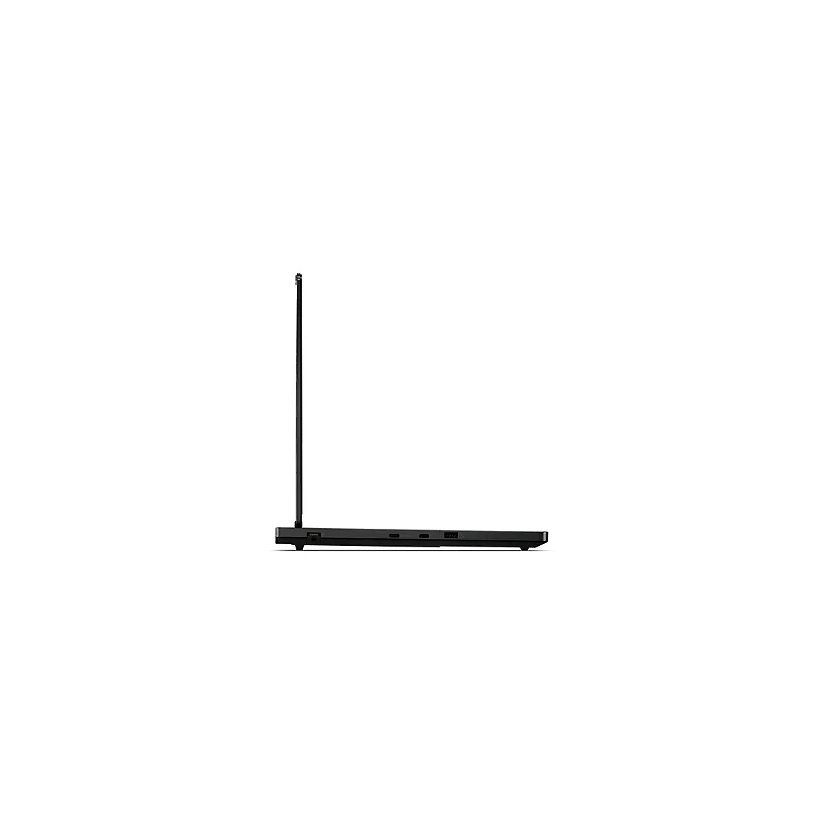 Schwarzes Laptop, Seitenansicht, hochgeklappt.