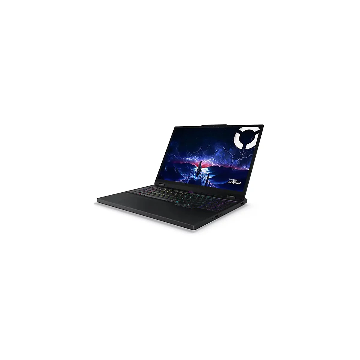Schwarzes Lenovo Legion Laptop mit farbiger Tastatur. Auf dem Display ein Fantasy-Hintergrund mit Blitz und Schriftzug Lenovo Legion.
